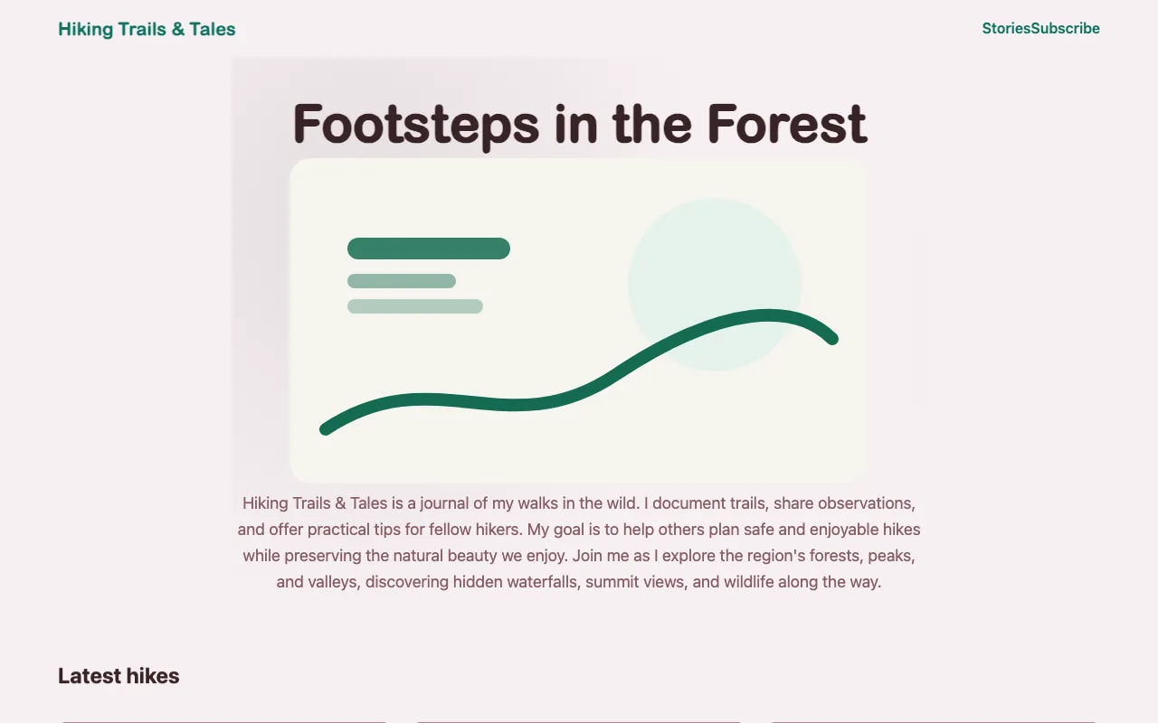 A blog called Hiking Trails & Tales, built by ForgeOS in a recorded run: its first screen.