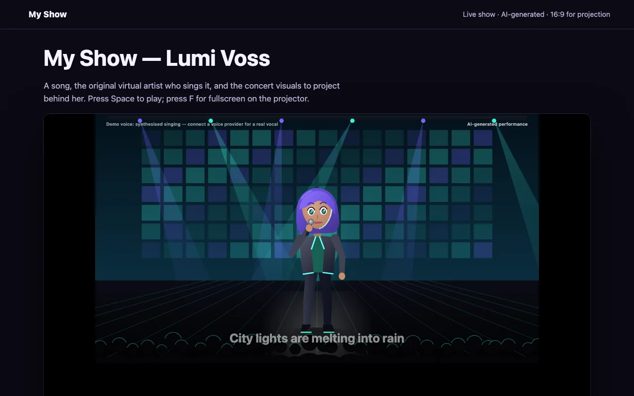 The first screen of a live performance ForgeOS built, titled “My Show — Lumi Voss, live”, as saved on 2026-10-13.