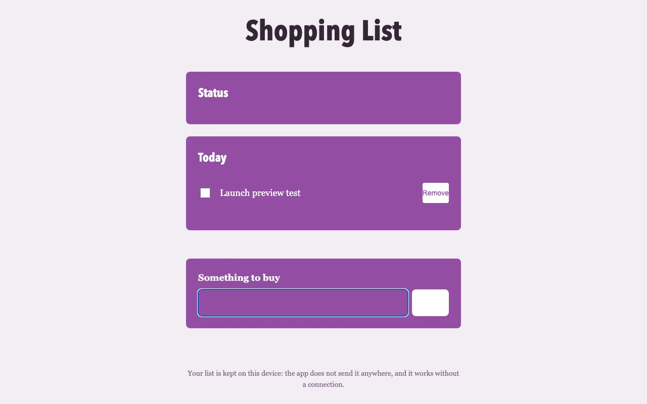 The first screen of an installable web app ForgeOS built, titled “Shopping List – My App”, as saved on 2026-10-13.